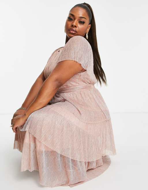 Ever New Curve ruched waist tiered glitter midi dress in rose gold | ASOS