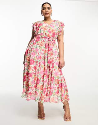 Ever New Curve Ruffle Shoulder Midi Dress In Pink Floral