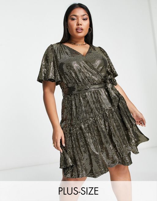 Ever New Curve ruffle wrap sequin mini dress in gold | ASOS