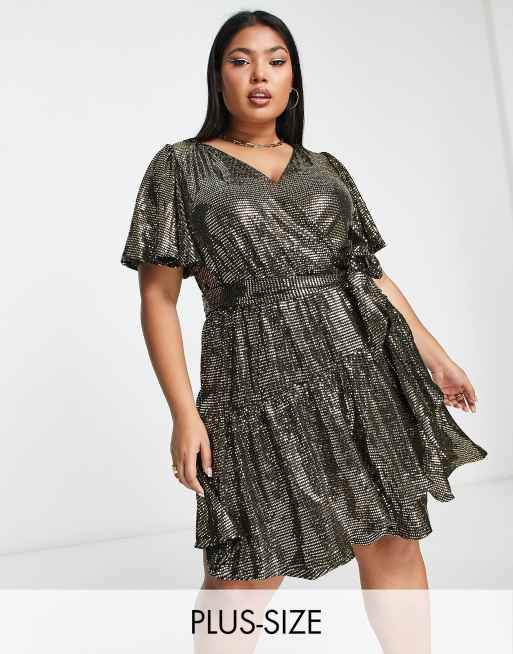 Ever New Curve ruffle wrap sequin mini dress in gold | ASOS