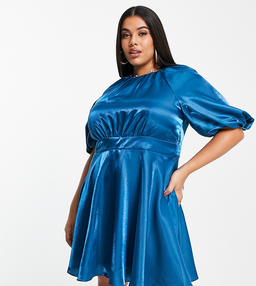Forever New Curve Ever New Curve Satin Ruffle Hem Dress With Bow Back In Blue-green