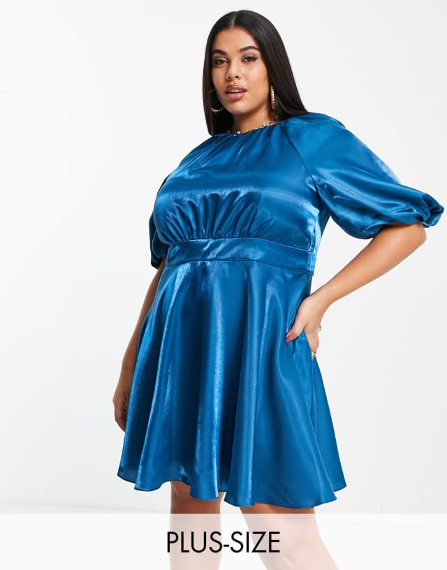 Ever New Curve satin ruffle hem dress with bow back in blue