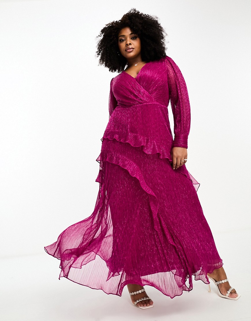 sheer sleeve cut-out plisse maxi dress in hot pink