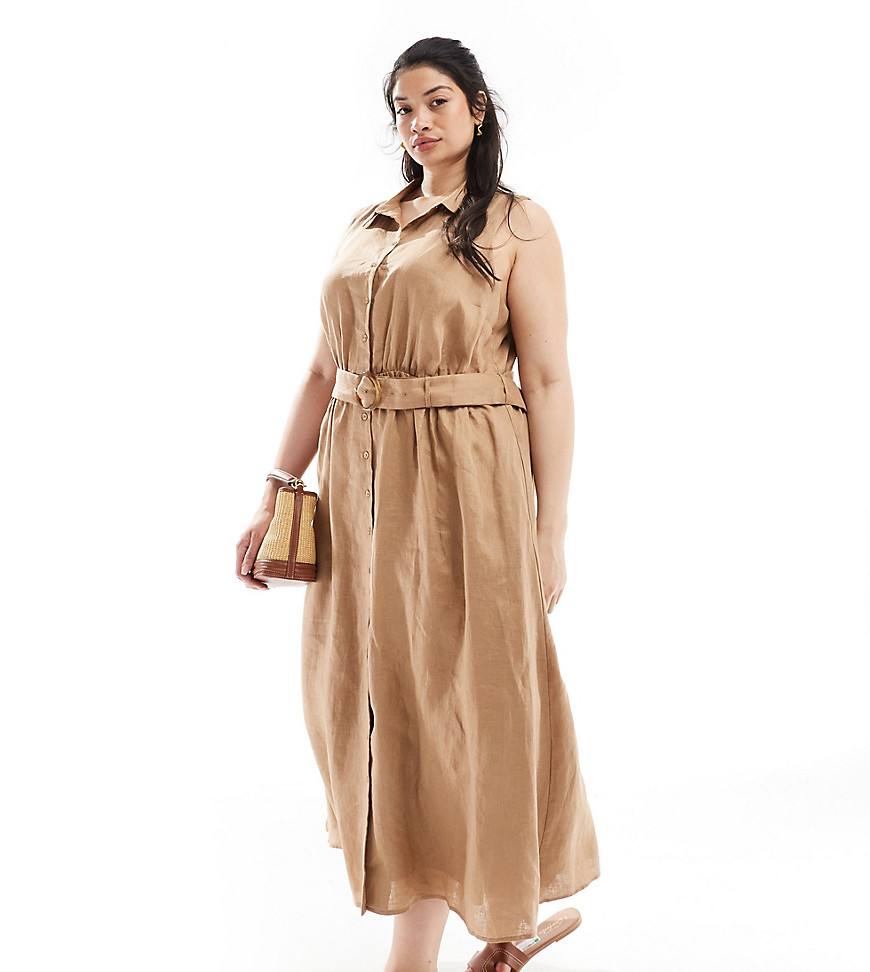 Ever New Curve Sleeveless Belted Linen Shirt Dress In Brown