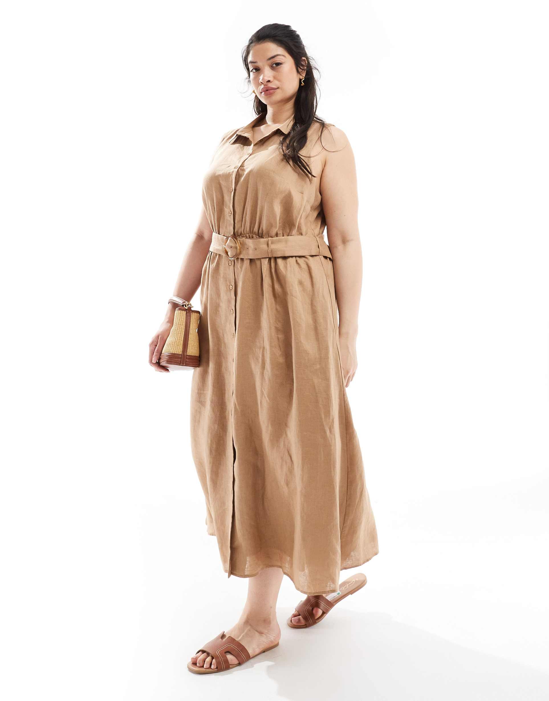 ever new curve sleeveless belted linen shirt dress in brown