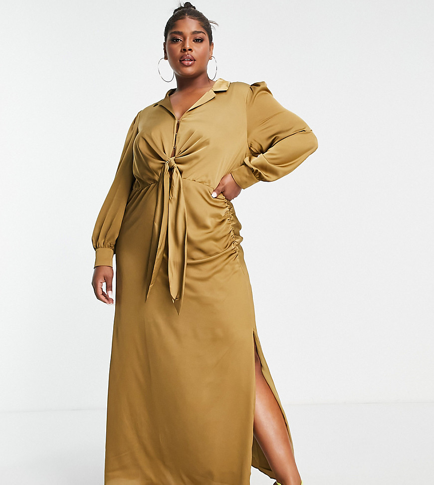 Ever New Curve tie front ruched shirt midi dress in olive-Green