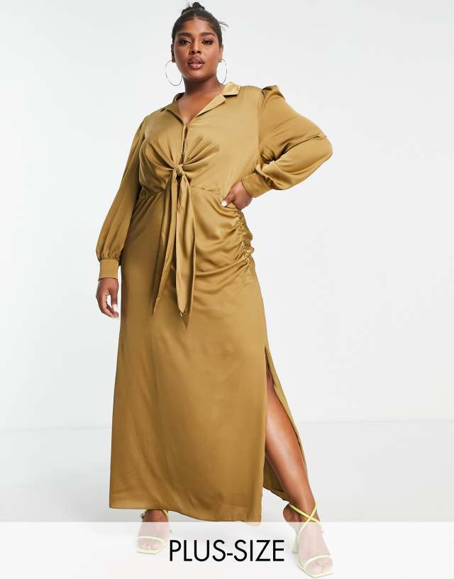 Ever New Curve tie front ruched shirt midi dress in olive