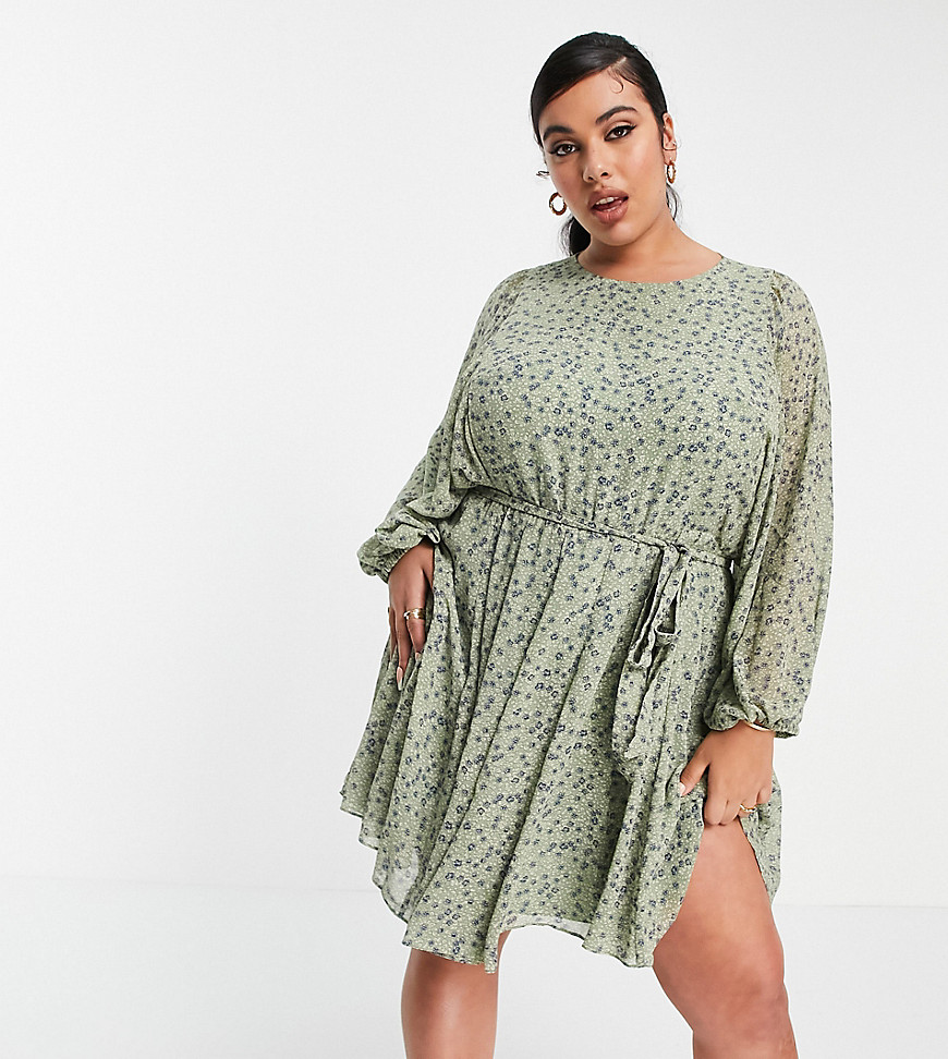 Forever New Curve Ever New Curve Tie Waist Blouson Sleeve Mini Dress In Green Ditsy Floral-multi