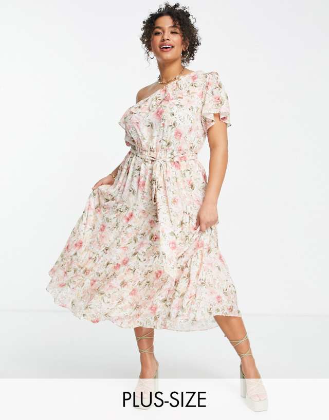 Ever New Curve tie waist one shoulder tea dress in blush floral