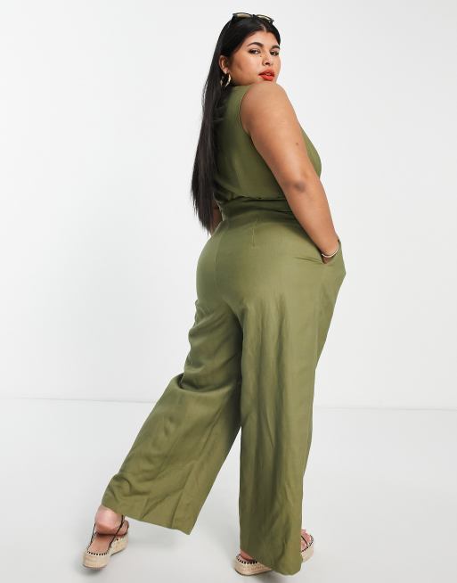 Ever New Curve tie waist wide leg jumpsuit in olive