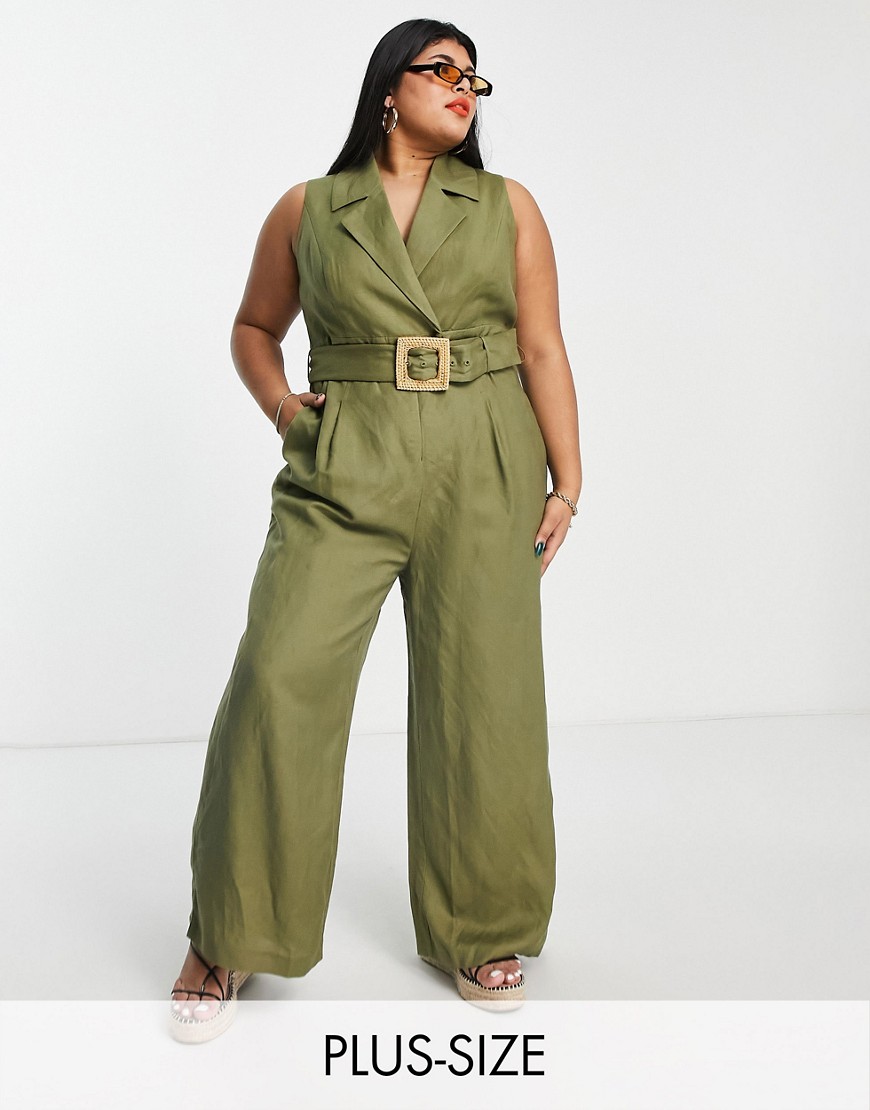 Ever New Curve tie waist wide leg jumpsuit in olive-Green