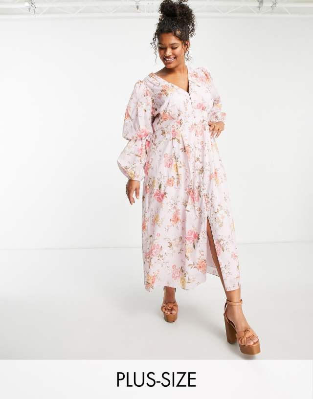 Ever New Curve tiered sleeve button midaxi dress in rose floral