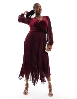 velvet twist bodice pleated midaxi dress in oxblood-Red