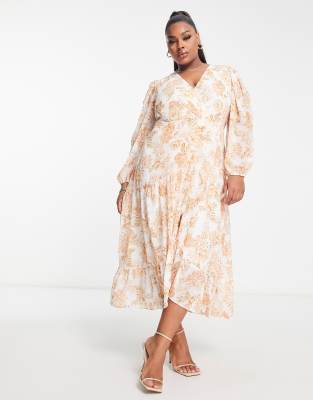 Ever New Curve Puff Sleeve Wrap Midi Dress In Ivory And Gold Floral-white