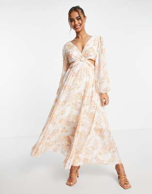 Ever New cut-out long sleeve maxi dress in apricot floral-White