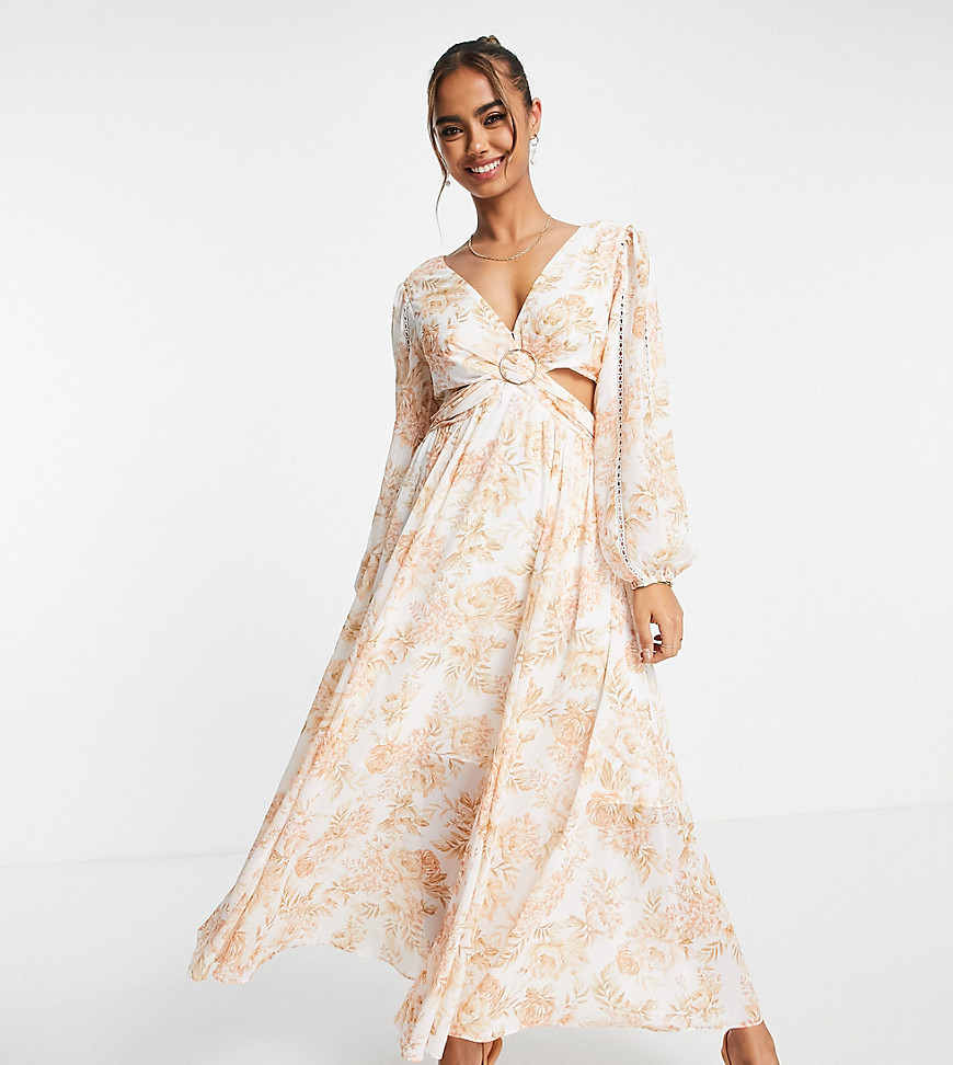 Ever New cut-out long sleeve maxi dress in apricot floral-White