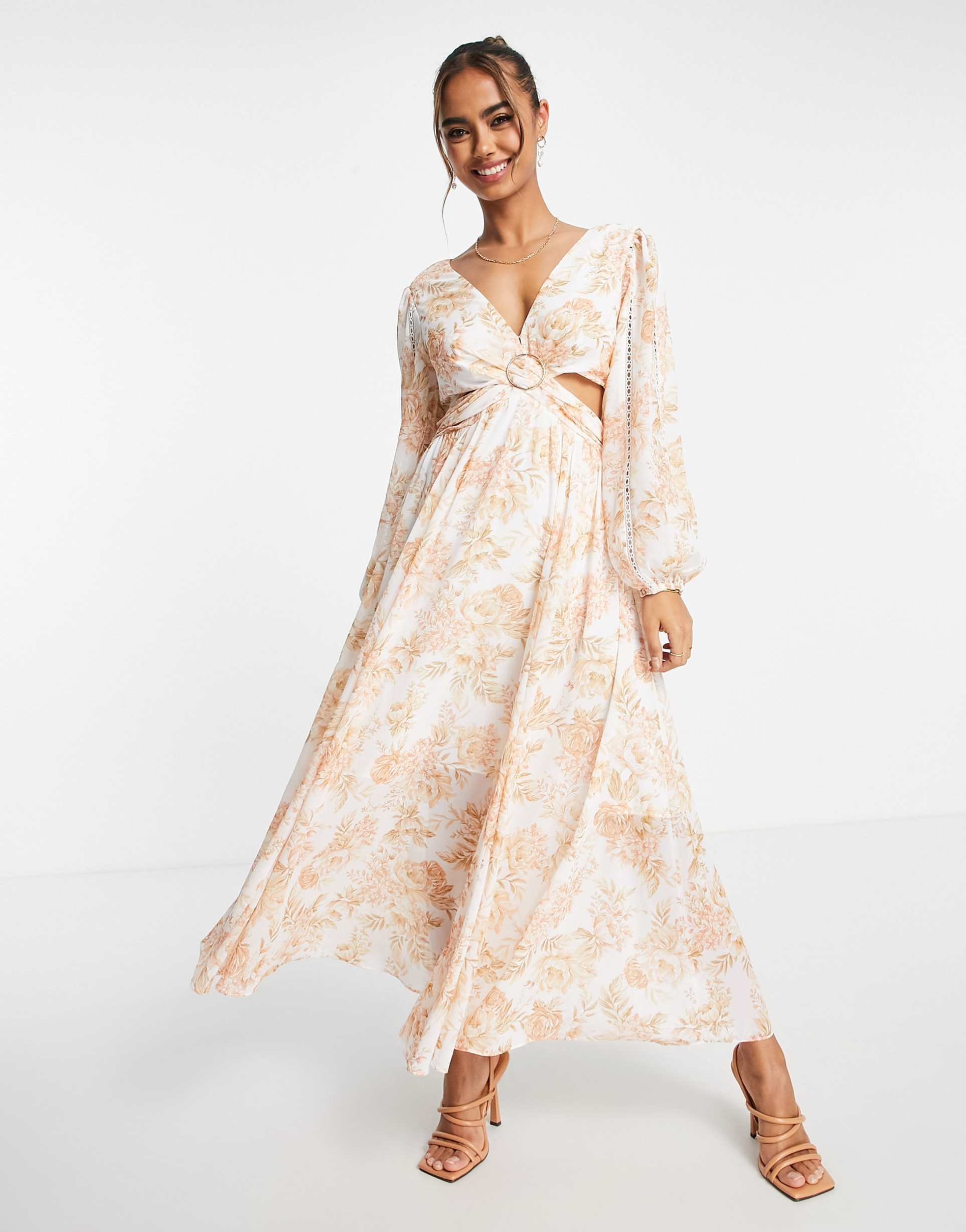 ever new cut-out long sleeve maxi dress in apricot floral