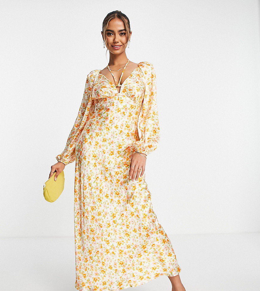 cut out midi dress in orange floral-Yellow