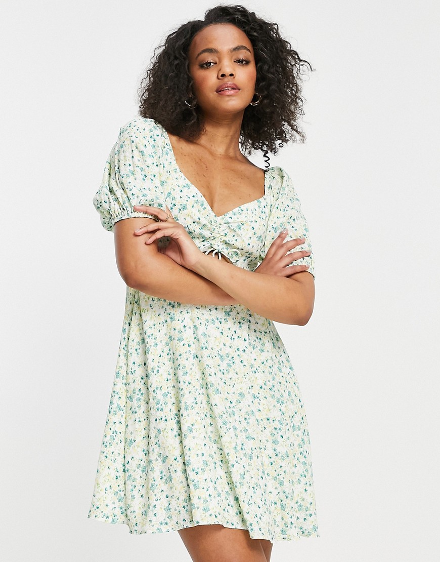 Ever New cut out puff sleeve mini dress in pistachio floral-Multi