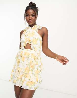 Ever New Cut Out Waist Mini Dress In Yellow Floral