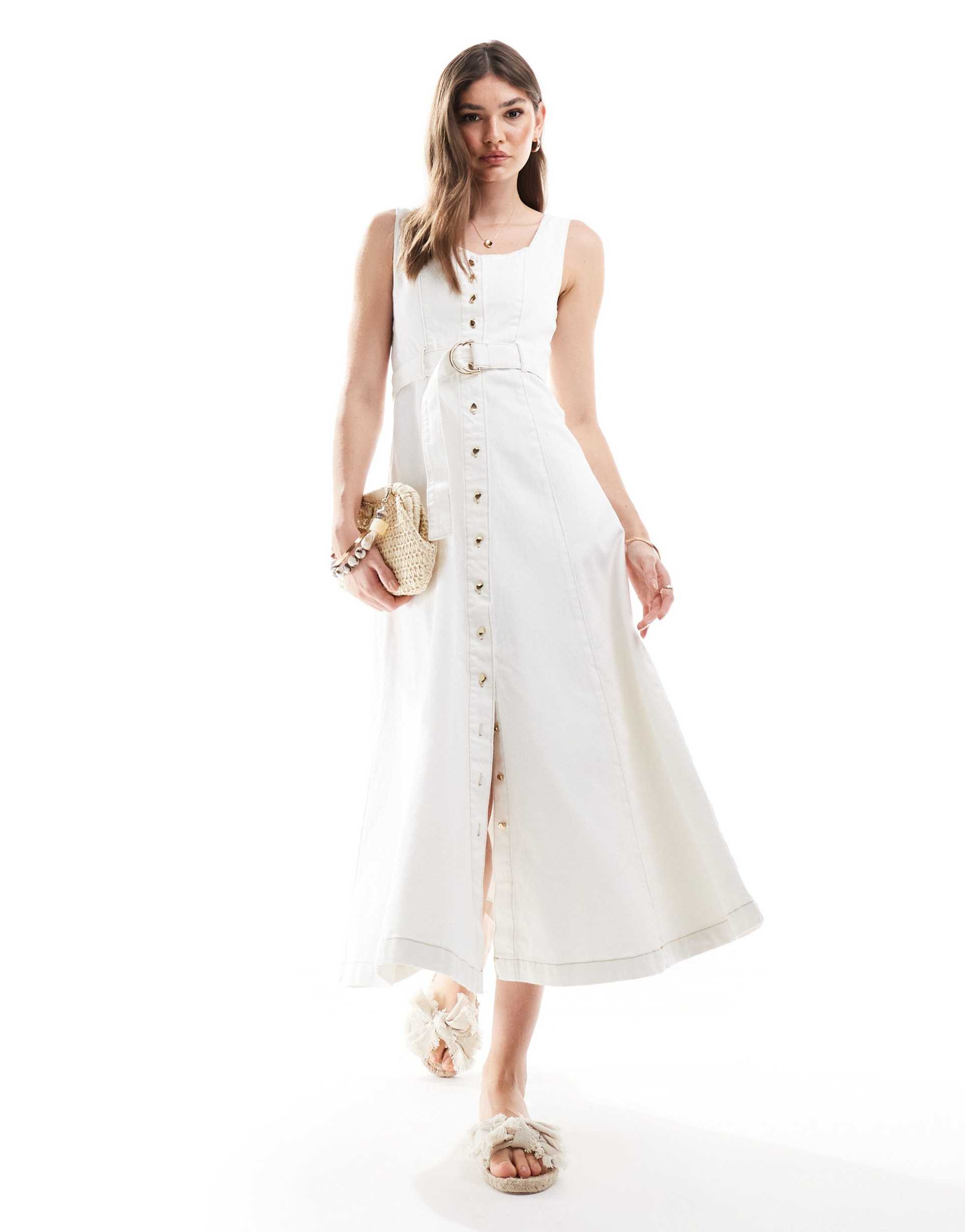 ever new denim belted midi dress in white