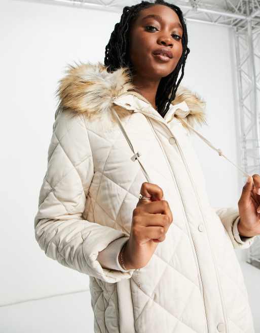 Ever New Diamond Quilted Puffer Coat with Faux Fur Hood Trim in cream-Neutral