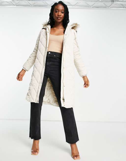 Ever New diamond quilted puffer coat with faux fur hood trim in