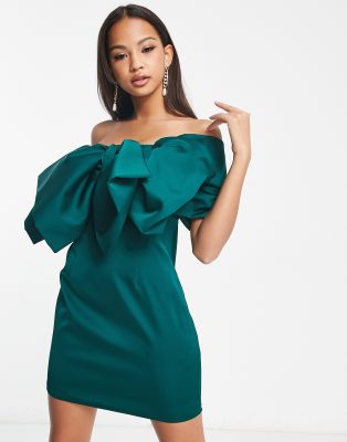 Ever New Dramatic Bow Mini Dress In Emerald Green