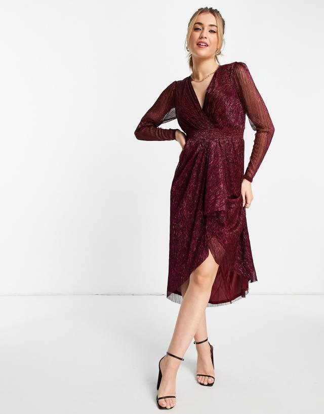 Ever New drape front metallic midi dress in plum