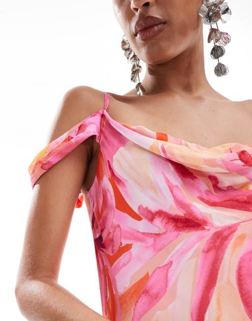 Ever New drape off shoulder satin maxi dress in pink floral, 3 of 4