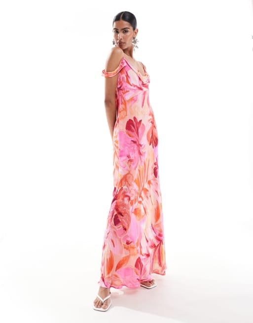 Ever New drape off shoulder satin maxi dress in pink floral, 4 of 4