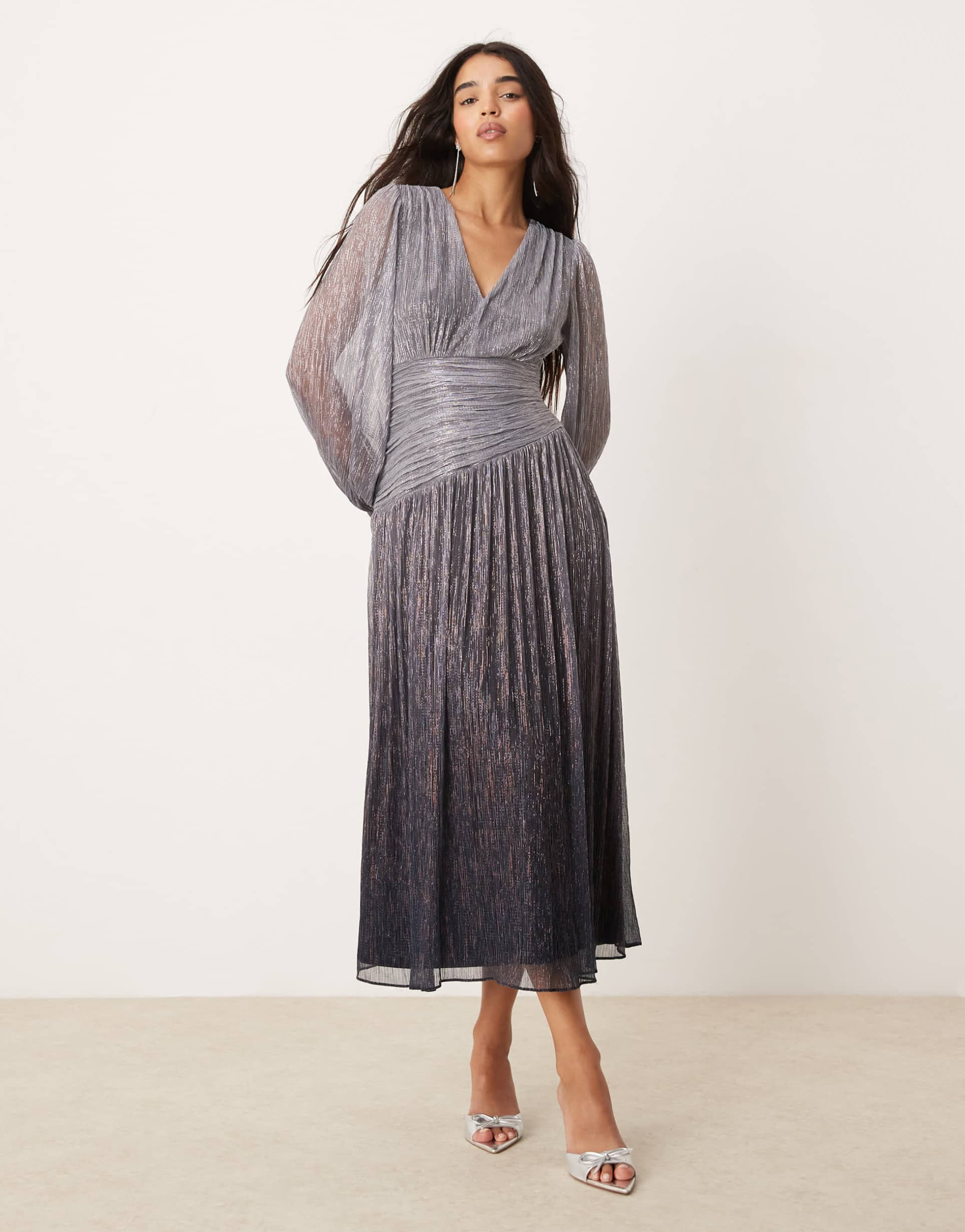 ever new drop hem asymmetric plisse maxi dress in silver ombre