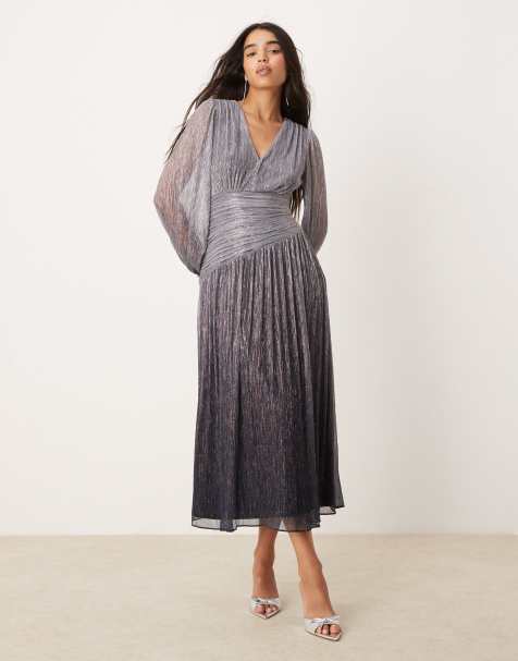 Ever New drop hem asymmetric plisse maxi dress in silver ombre