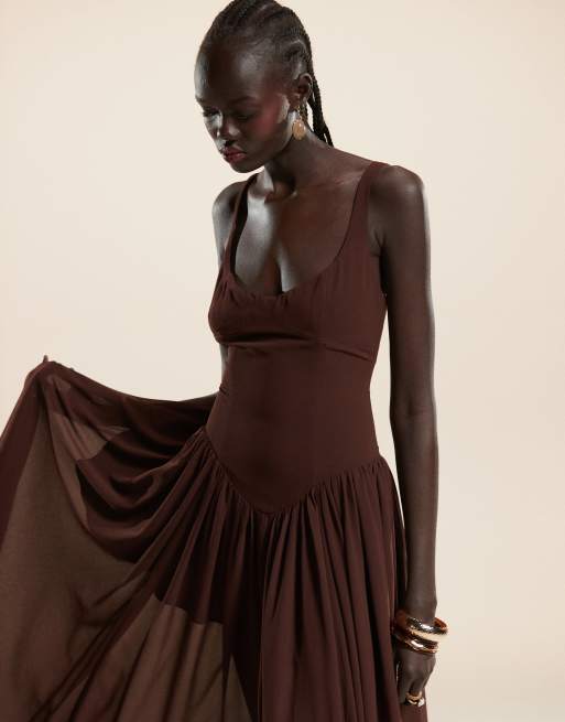 Ever New drop hem pleated midaxi dress in chocolate brown | ASOS