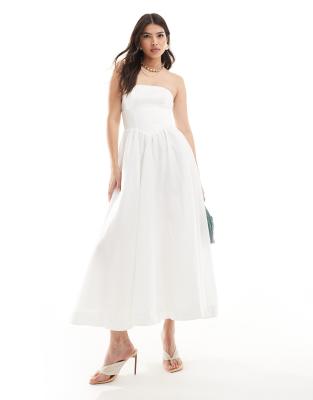 drop waist bandeau midi dress in porcelain-White