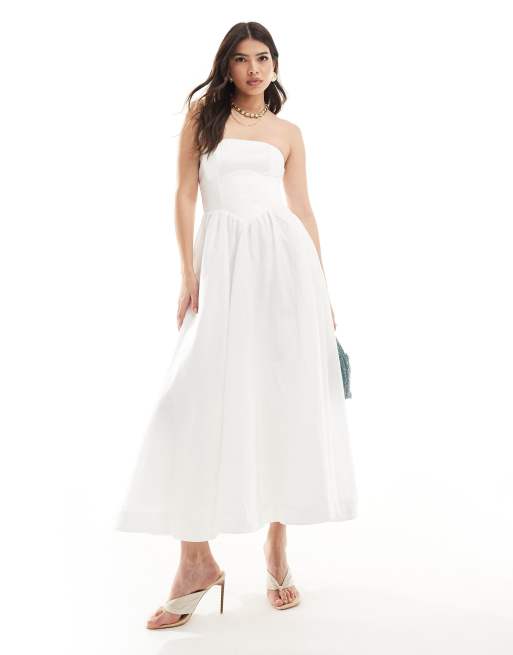 Ever New drop waist bandeau midi dress in porcelain | ASOS