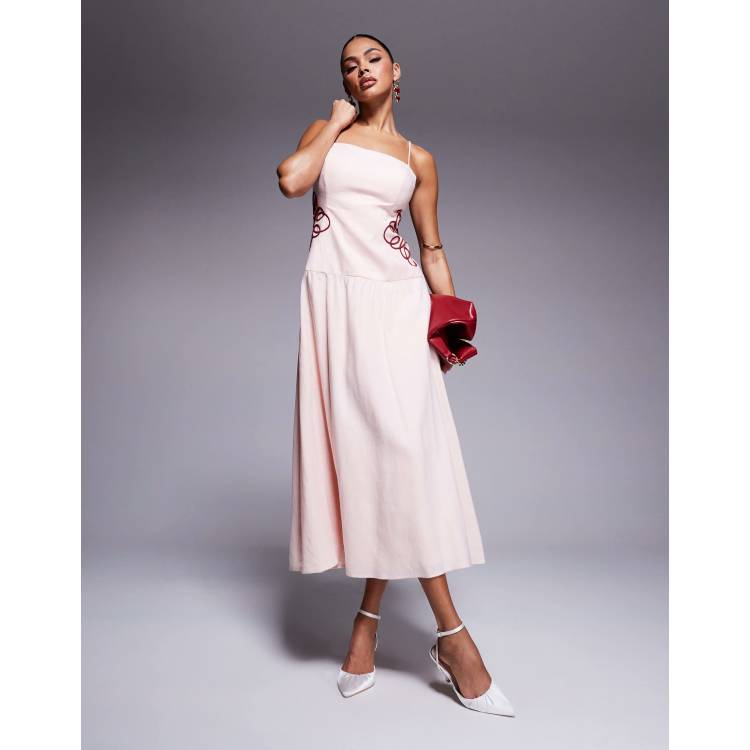 Ever New dropped hem embroidered waist maxi dress in powder