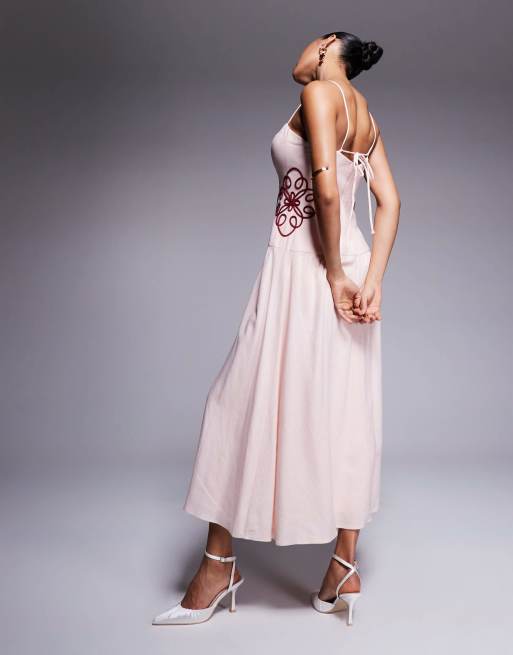 Ever New dropped hem embroidered waist maxi dress in powder