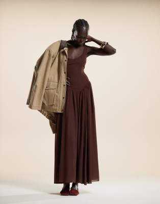 ever new dropped hem pleated midaxi dress in chocolate brown