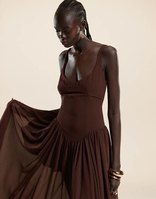 brown pleated dress Women's Ruched Side Midi weather comfort Simple round neckline for a clean Brown Infinite Pleated Maxi Dress