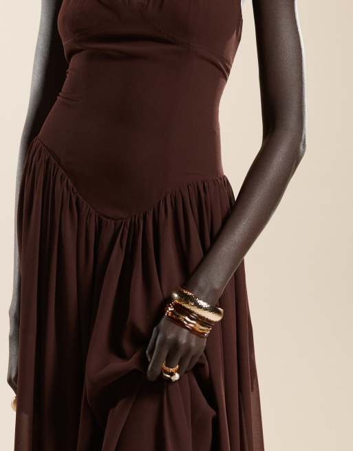 Ever New dropped hem pleated midaxi dress in chocolate brown | ASOS