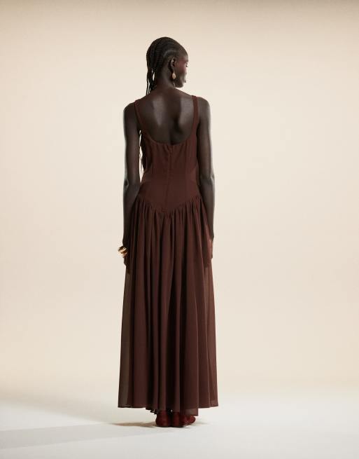 Ever New dropped hem pleated midaxi dress in chocolate brown | ASOS