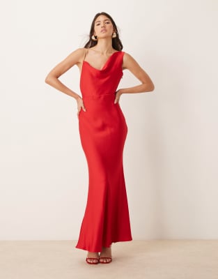 dropped shoulder satin maxi dress in red