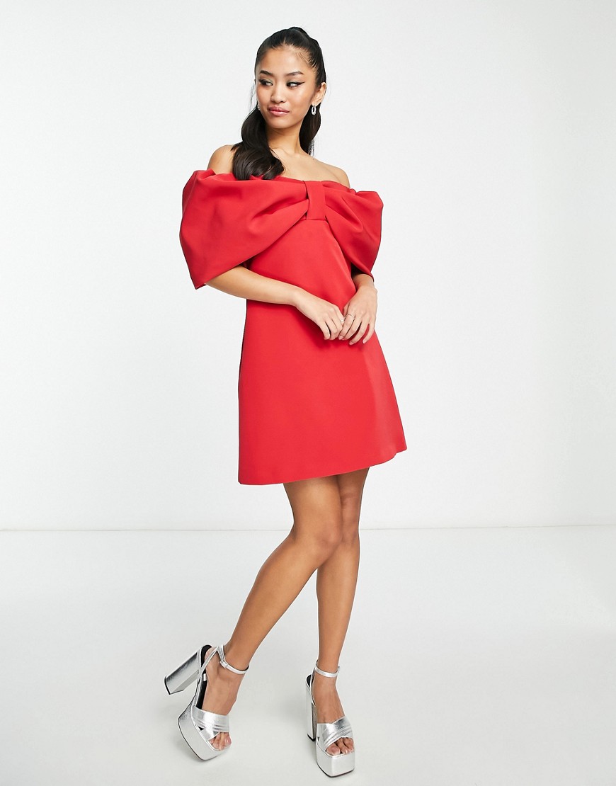 Ever New fallen shoulder bow mini dress in red