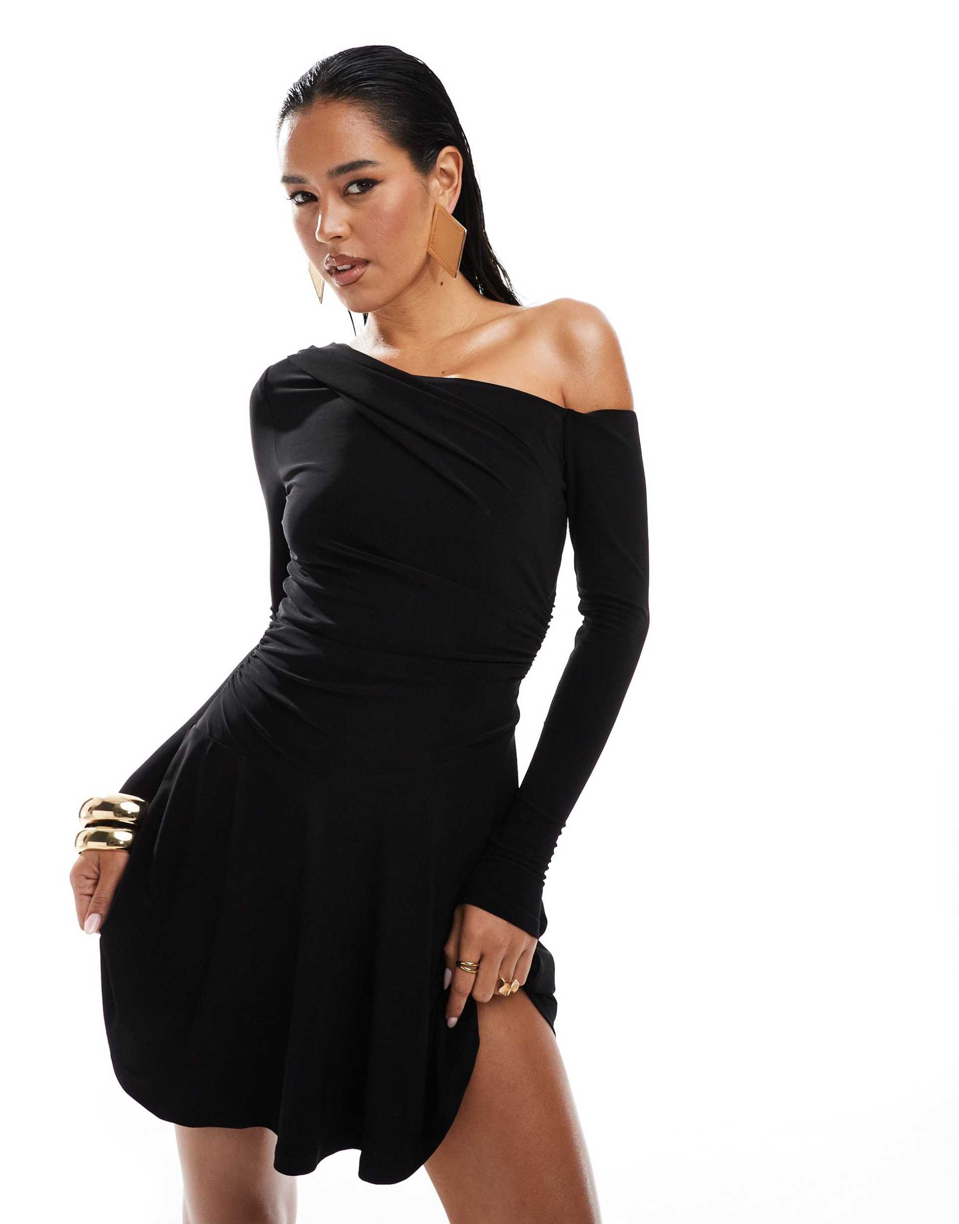 ever new fallen shoulder drape mini dress in black