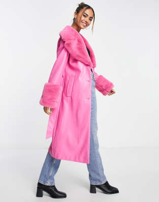 Ever New faux fur belted PU coat in pink