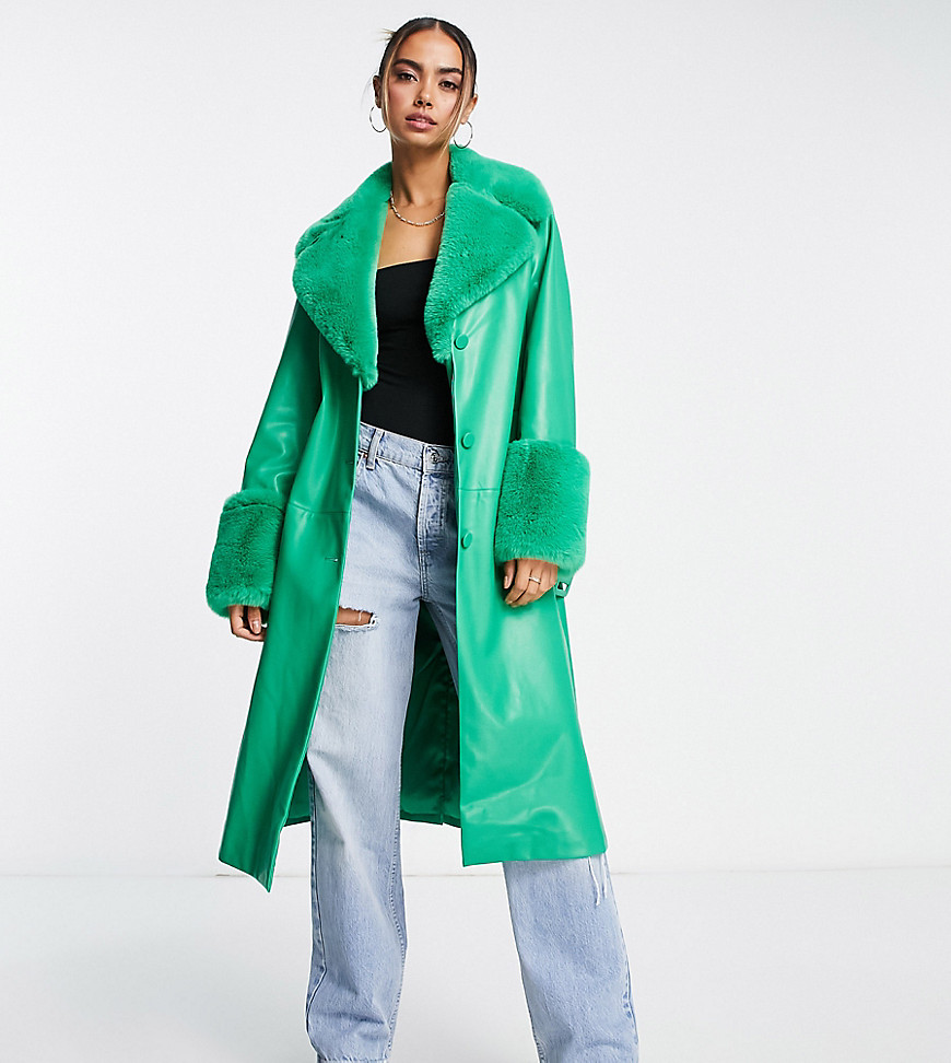 Ever New faux fur belted PU coat in vibrant green