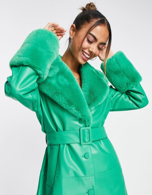 Green coat with online fur trim