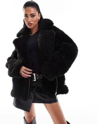 faux fur casual coat in black