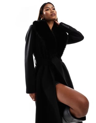 faux fur collar coat in black